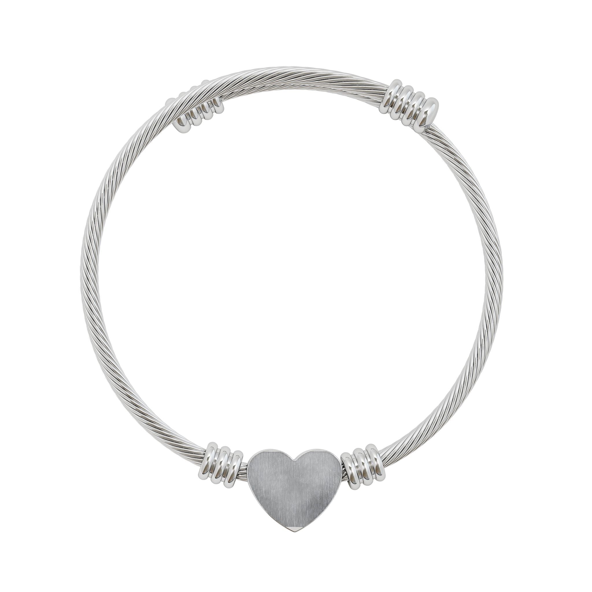 Engravable Heart Cuff Bracelet — Personalized Silver Cable Bangle for Gift (Engraving)
